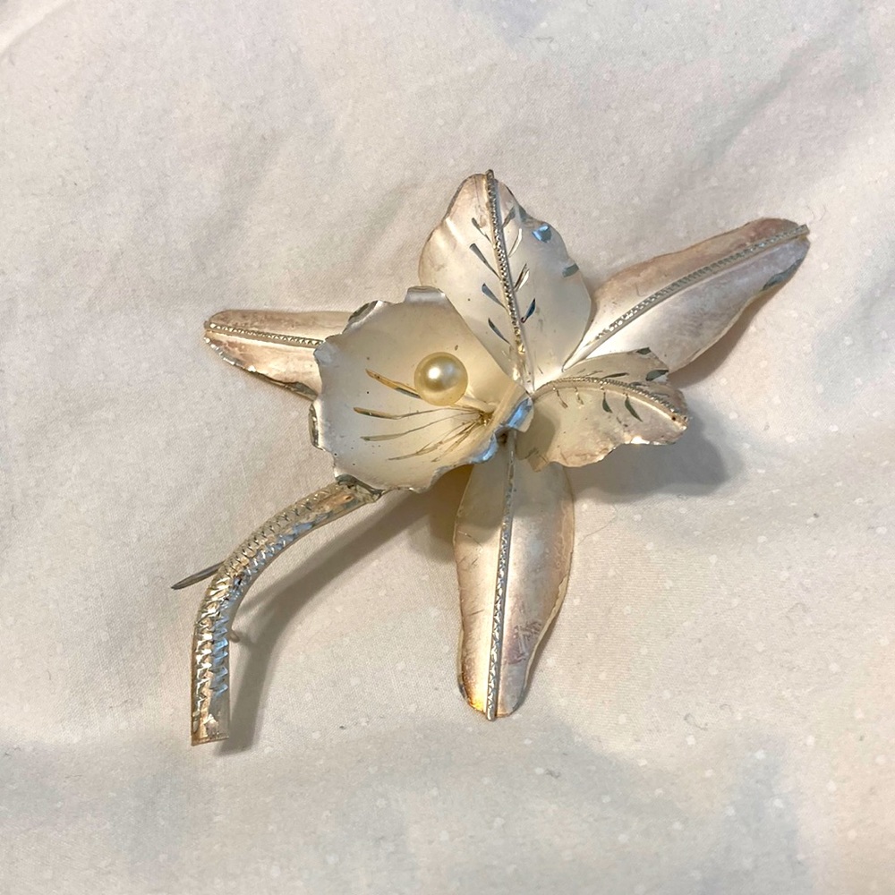 Silver plated orchid brooch